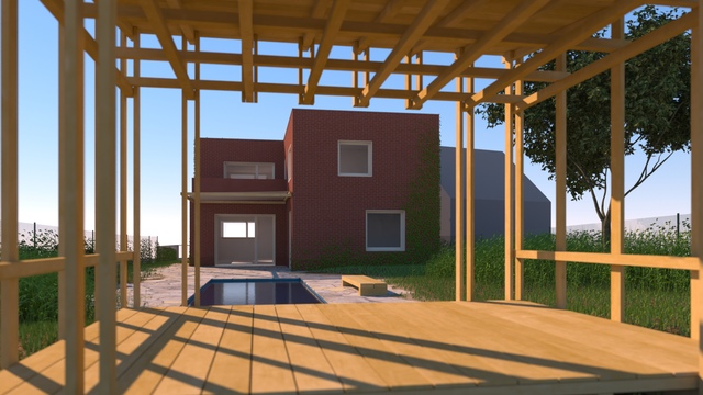Dům z režných cihel — pergola s vodní plochou